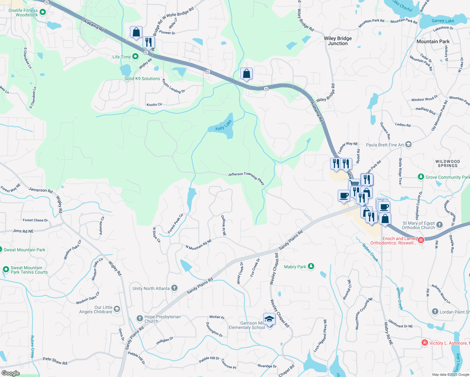 map of restaurants, bars, coffee shops, grocery stores, and more near 4744 Outlook Way Northeast in Marietta