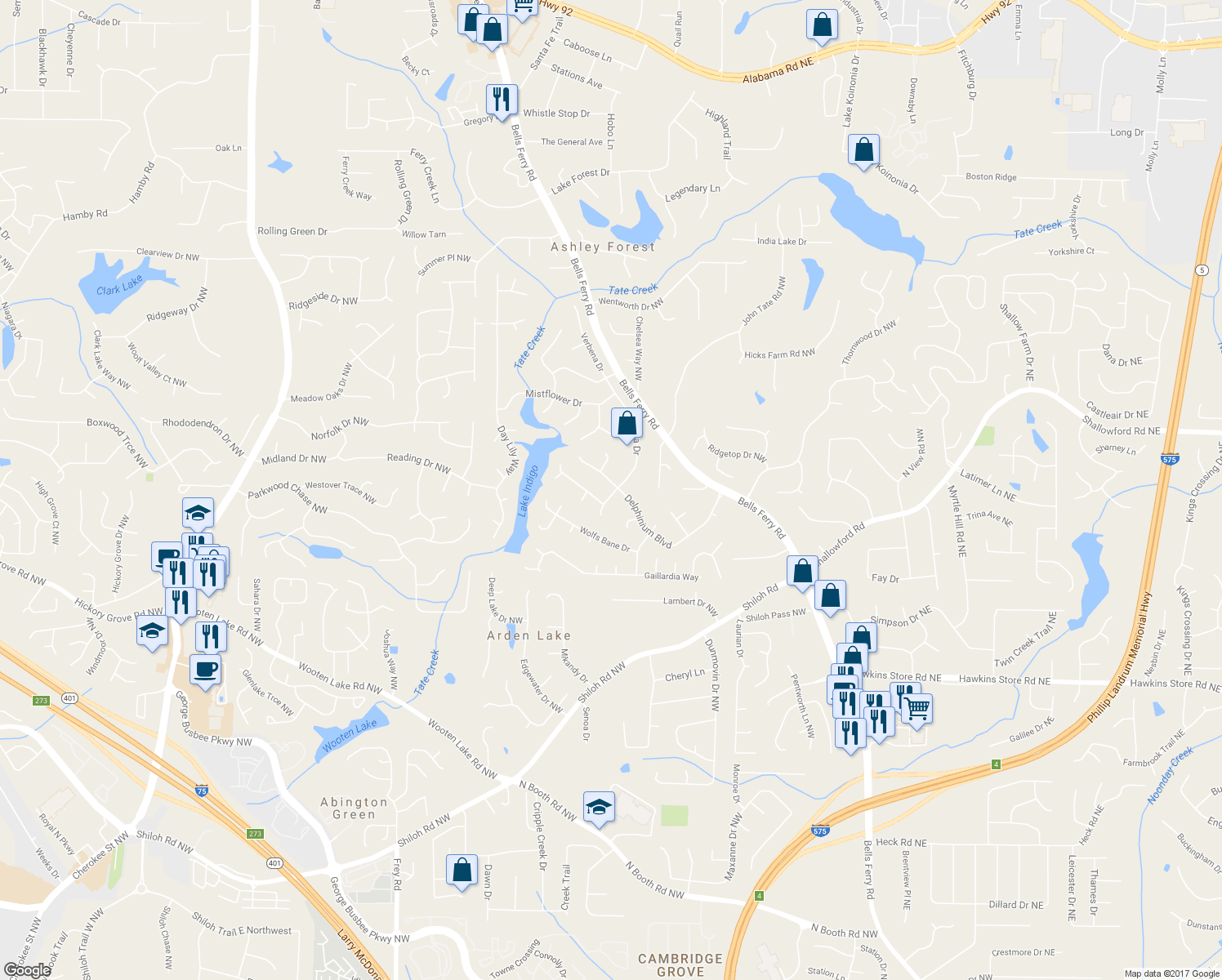 map of restaurants, bars, coffee shops, grocery stores, and more near 600 Delphinium Boulevard in Acworth