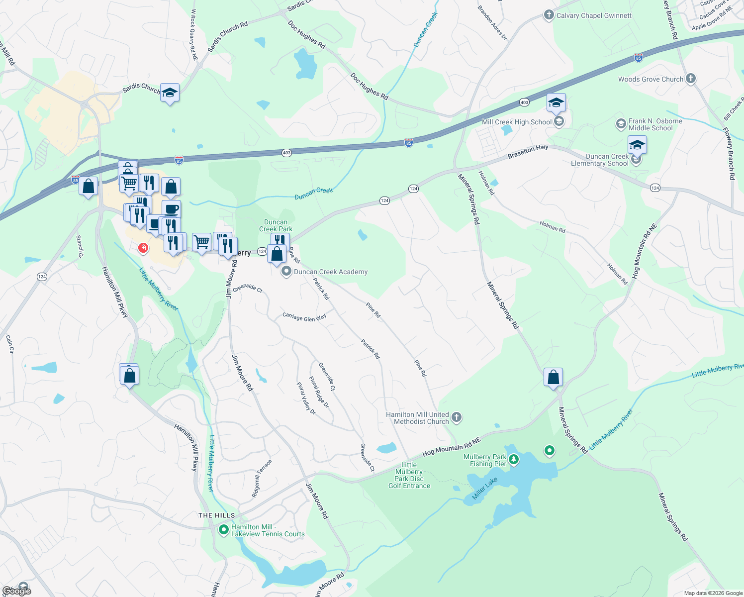 map of restaurants, bars, coffee shops, grocery stores, and more near 1924 Pine Road in Dacula