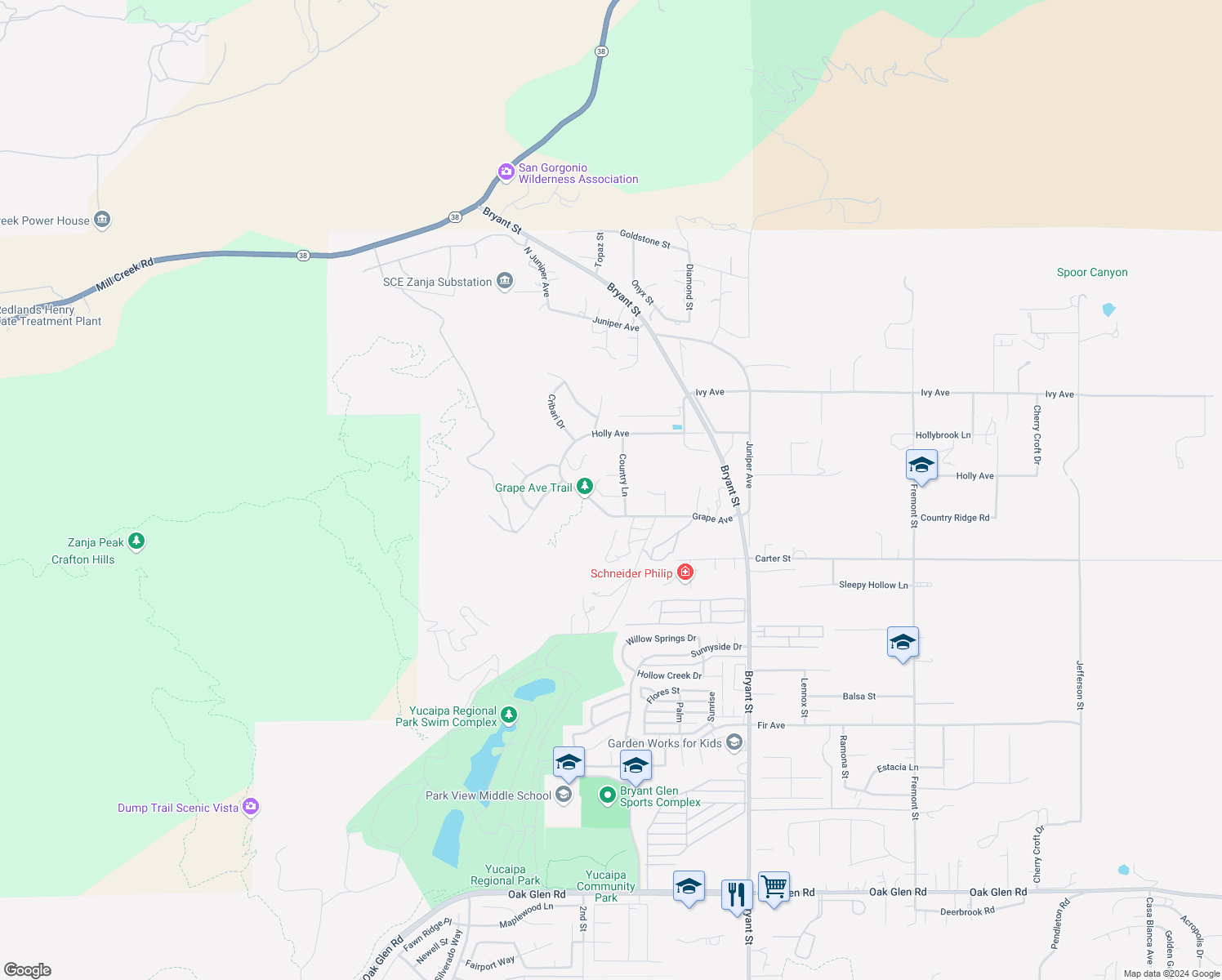 map of restaurants, bars, coffee shops, grocery stores, and more near 10330 Country Lane in Yucaipa