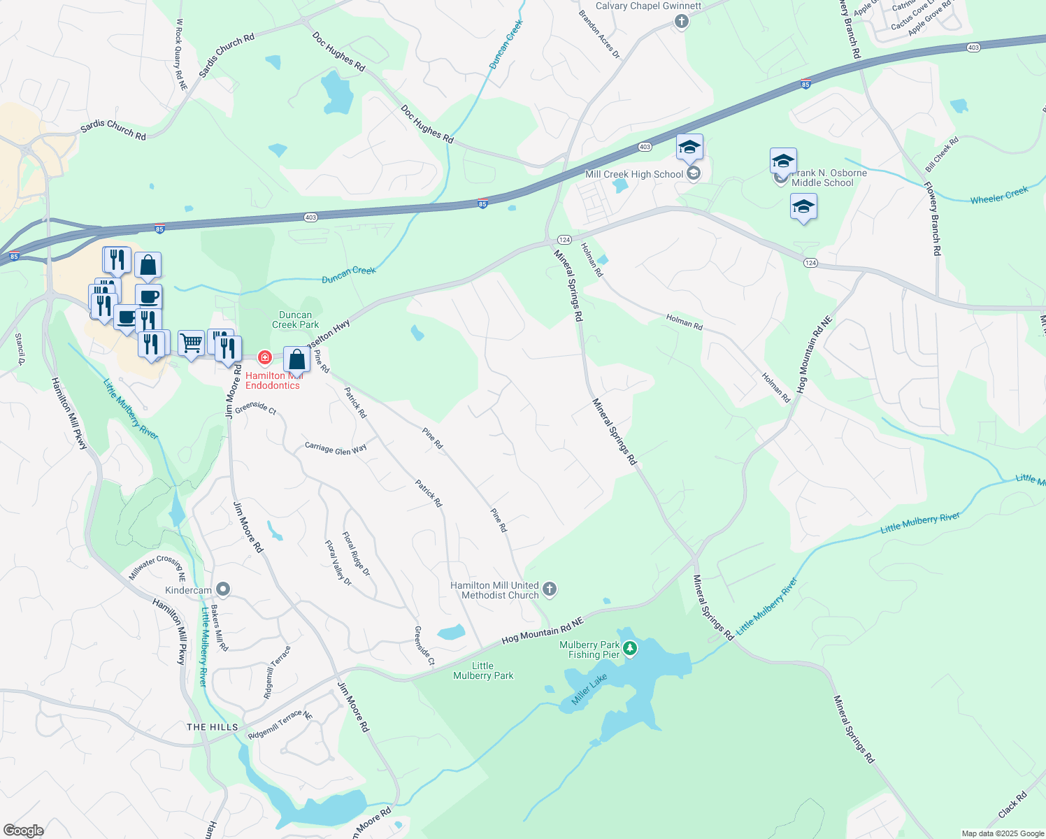 map of restaurants, bars, coffee shops, grocery stores, and more near 4047 Gables Court Northeast in Buford
