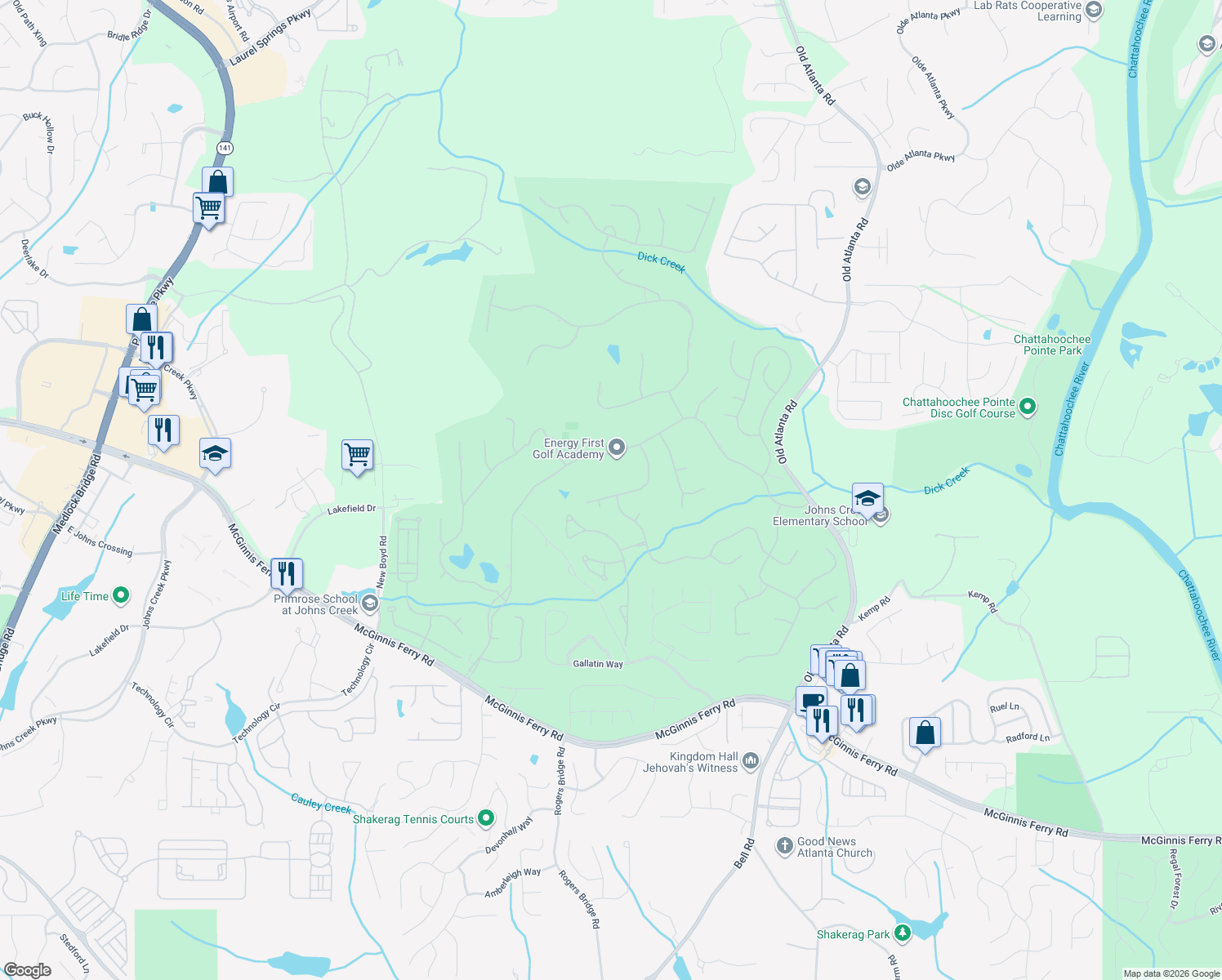map of restaurants, bars, coffee shops, grocery stores, and more near 8010 Turnberry Way in Duluth