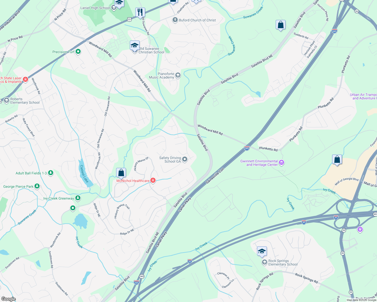 map of restaurants, bars, coffee shops, grocery stores, and more near 3701 Roxfield Drive Northeast in Buford