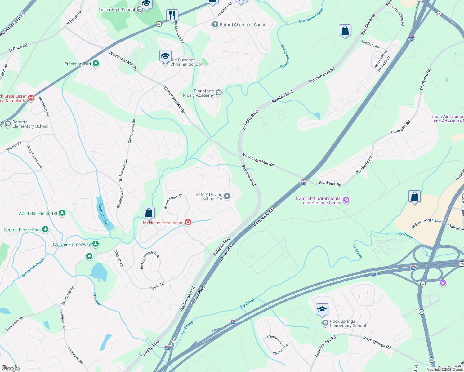 map of restaurants, bars, coffee shops, grocery stores, and more near 3701 Roxfield Drive Northeast in Buford