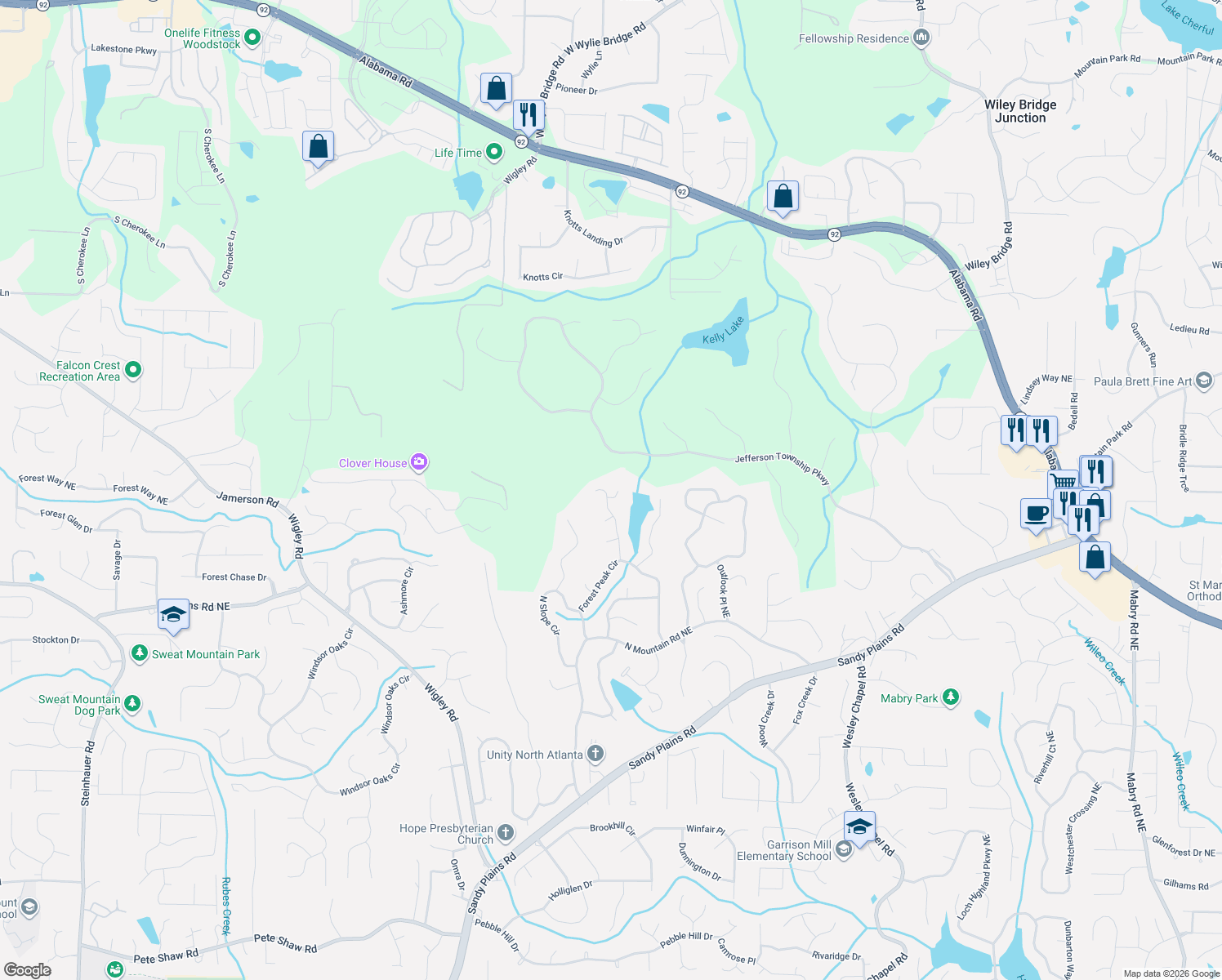 map of restaurants, bars, coffee shops, grocery stores, and more near 4800 West Forest Peak Northeast in Marietta