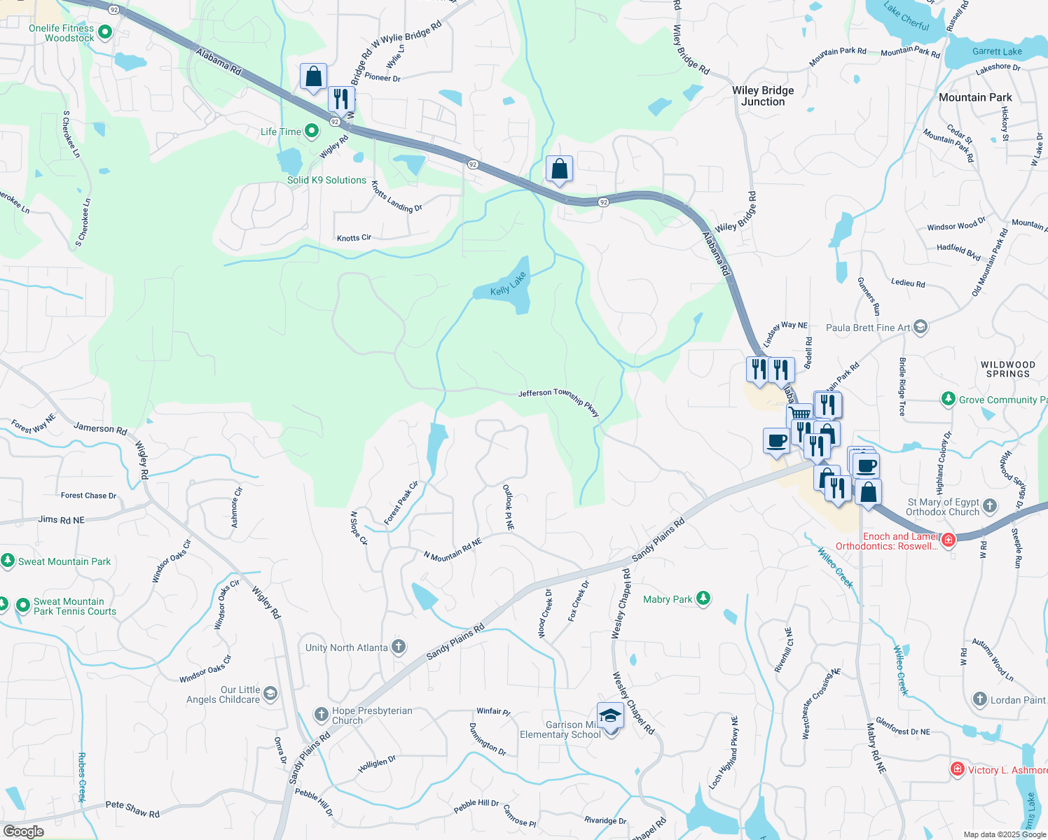 map of restaurants, bars, coffee shops, grocery stores, and more near 4744 Outlook Way Northeast in Marietta