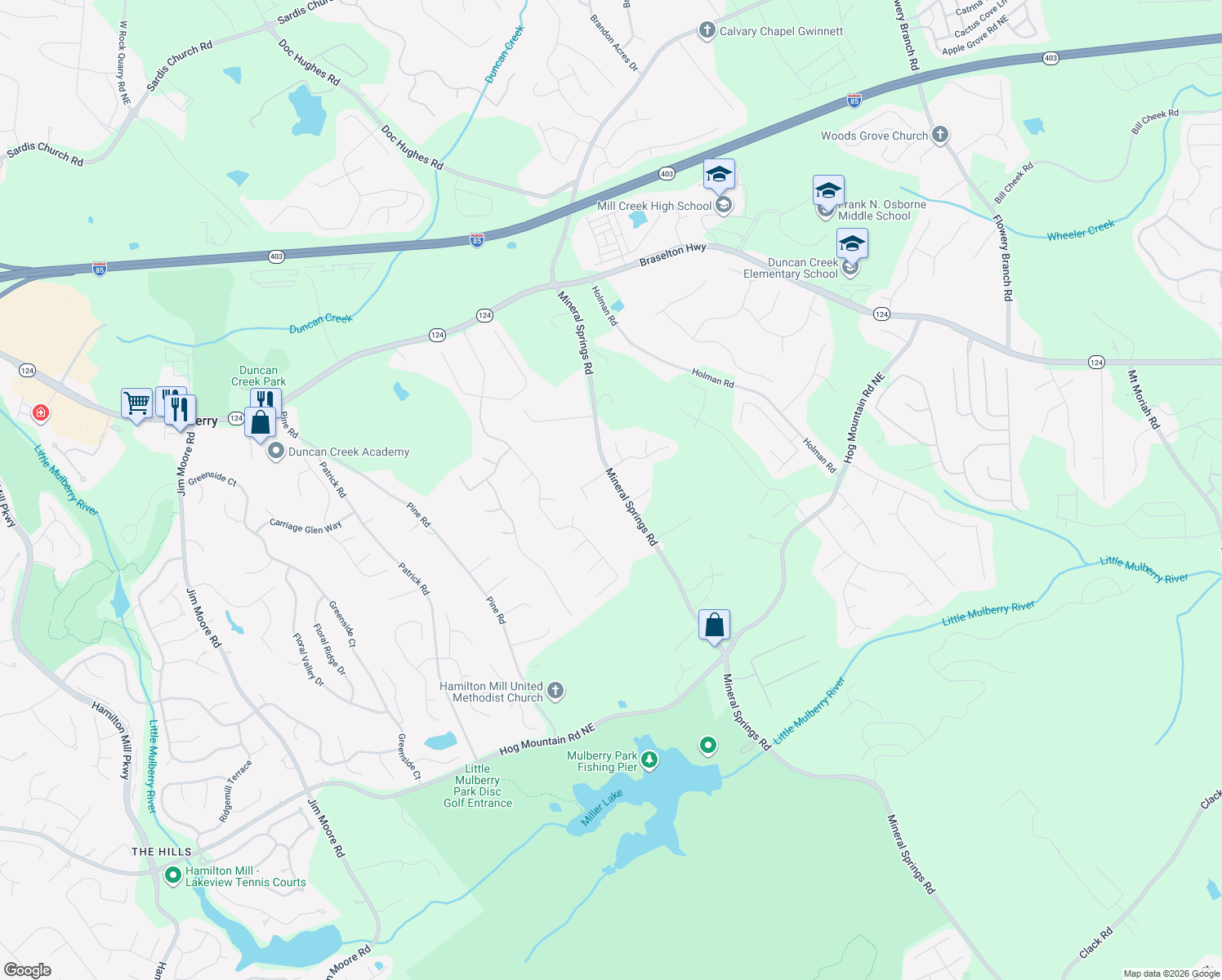 map of restaurants, bars, coffee shops, grocery stores, and more near 1788 Mineral Springs Rd in Hoschton