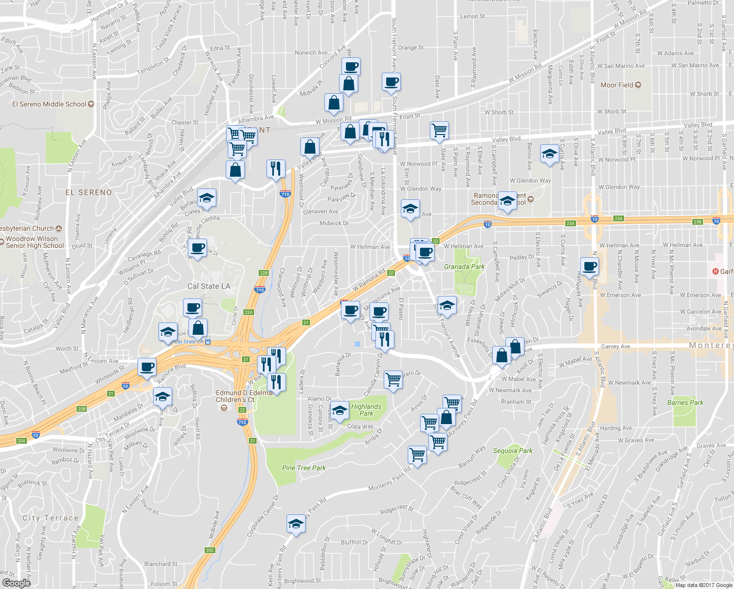 map of restaurants, bars, coffee shops, grocery stores, and more near 2802 West Ramona Road in Alhambra