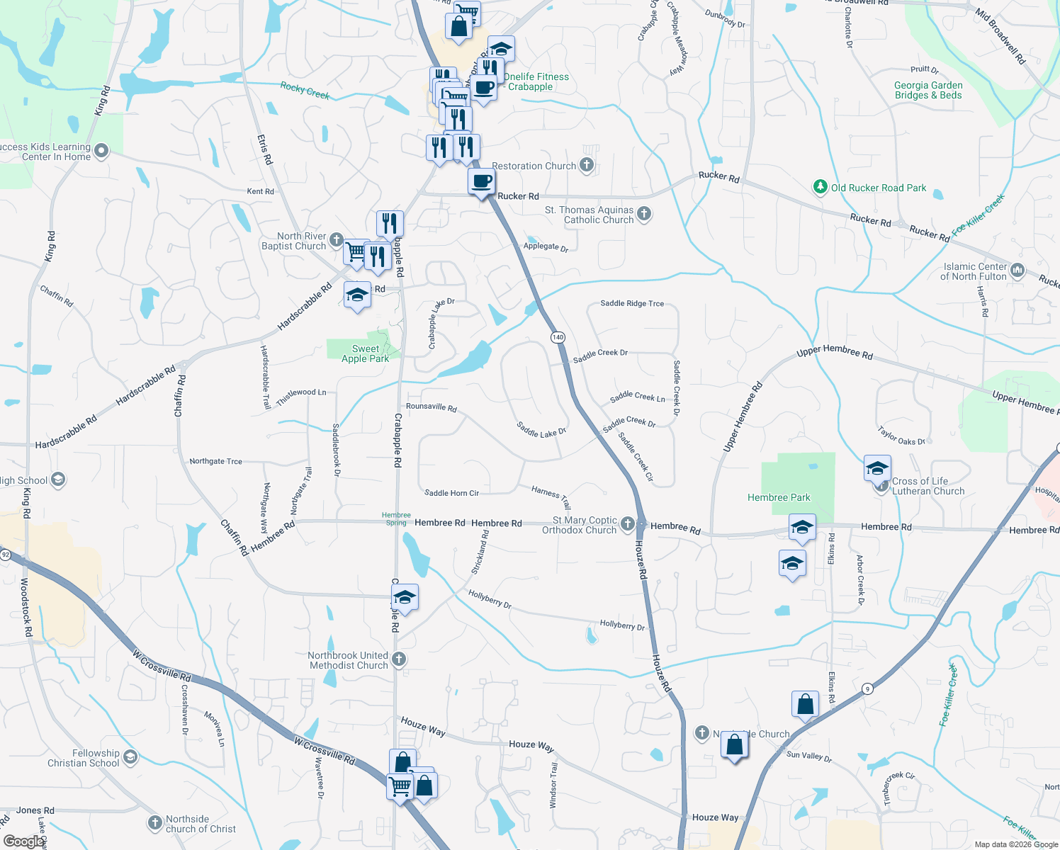 map of restaurants, bars, coffee shops, grocery stores, and more near 370 Saddle Lake Dr in Roswell