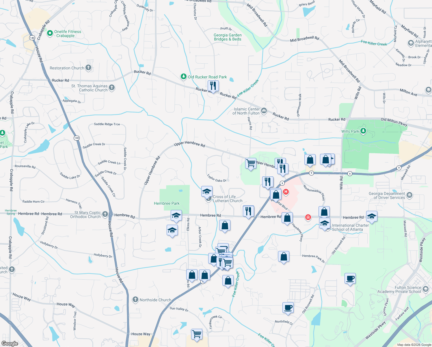 map of restaurants, bars, coffee shops, grocery stores, and more near 1065 Taylor Knoll Close in Roswell