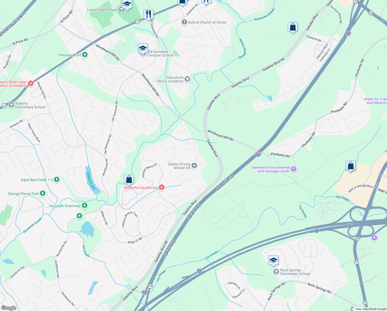 map of restaurants, bars, coffee shops, grocery stores, and more near 3722 Roxfield Drive Northeast in Buford