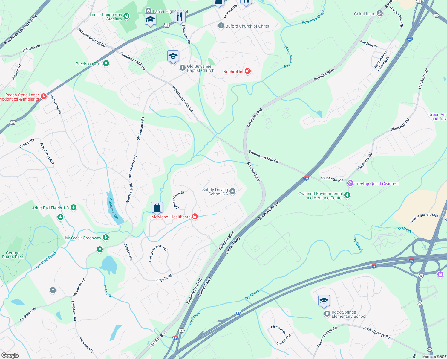 map of restaurants, bars, coffee shops, grocery stores, and more near 810 Roxfield Court Northeast in Buford