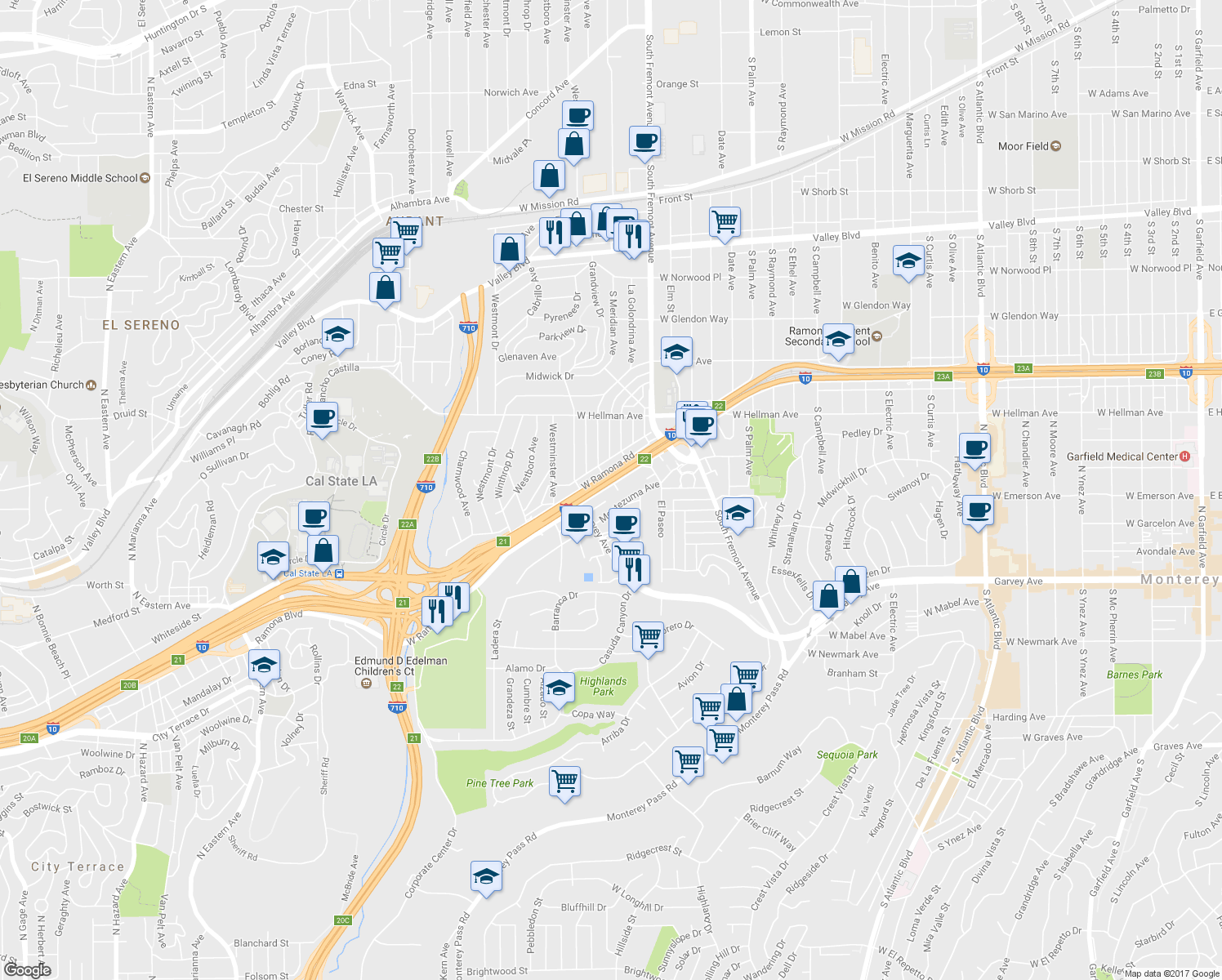 map of restaurants, bars, coffee shops, grocery stores, and more near 2734 West Ramona Road in Alhambra