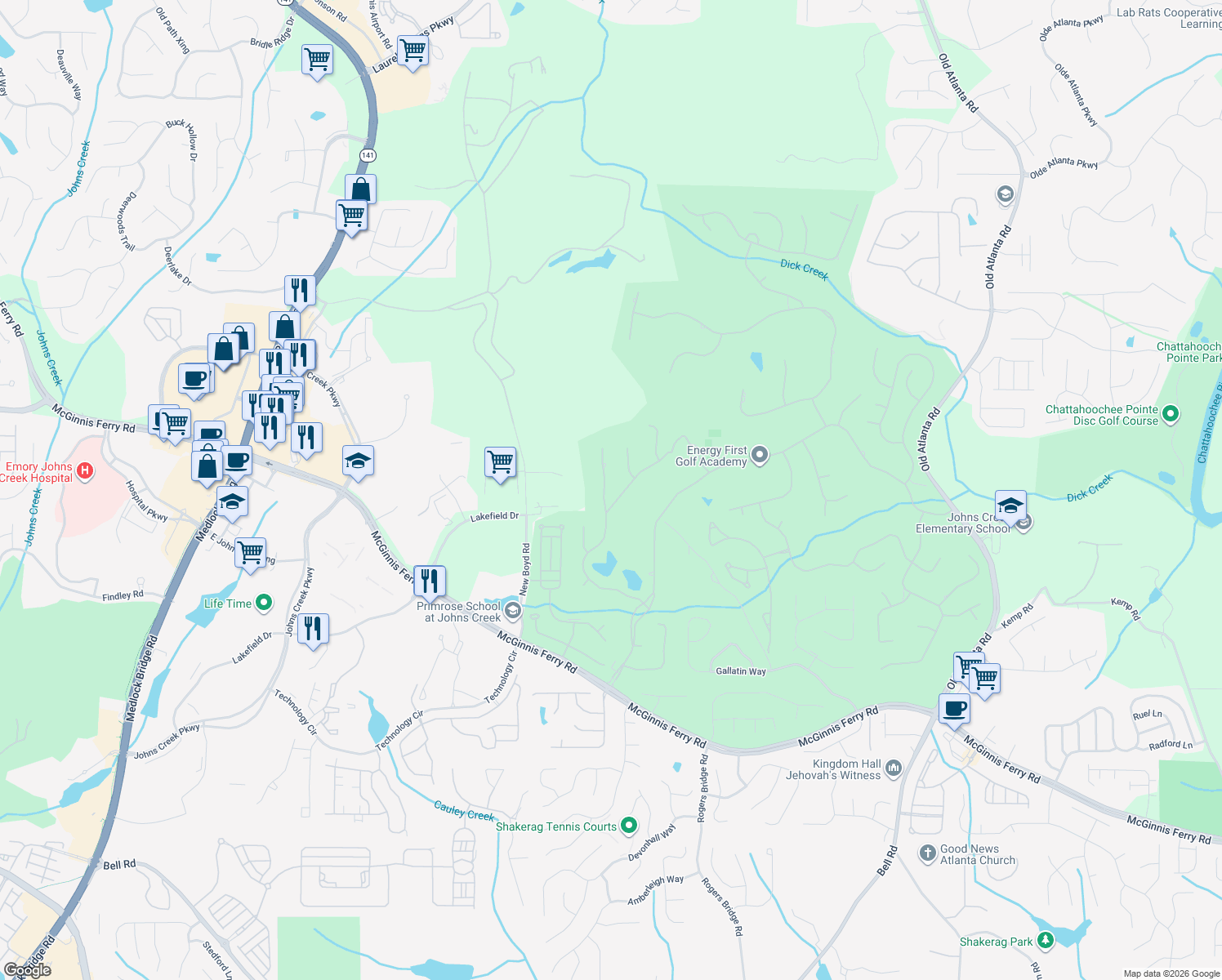 map of restaurants, bars, coffee shops, grocery stores, and more near 7830 Tintern Trce in Duluth