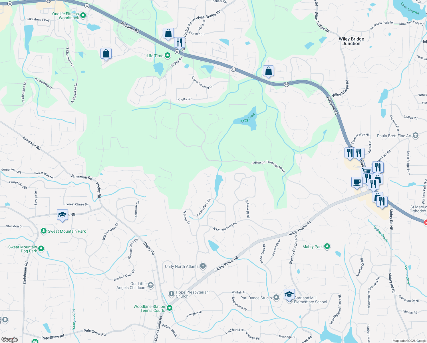 map of restaurants, bars, coffee shops, grocery stores, and more near 3691 Forest Peak Landing Northeast in Marietta