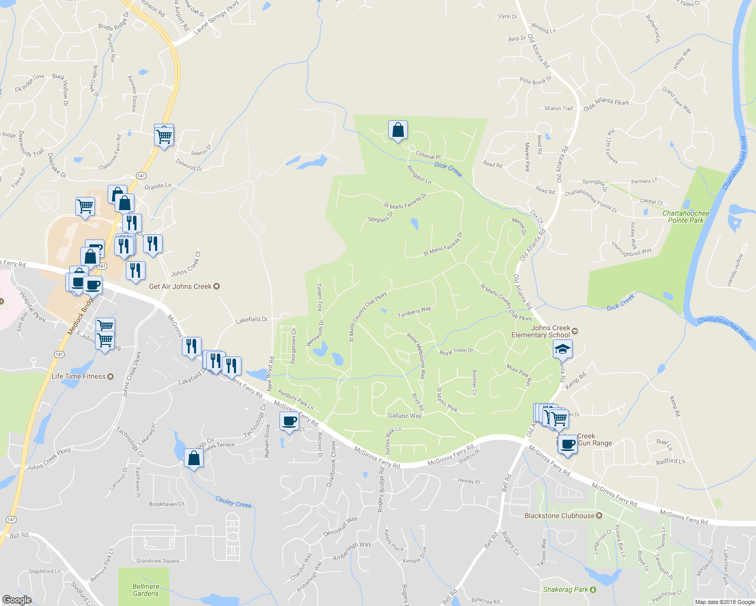 map of restaurants, bars, coffee shops, grocery stores, and more near 7730 Saint Marlo Country Club Parkway in Duluth