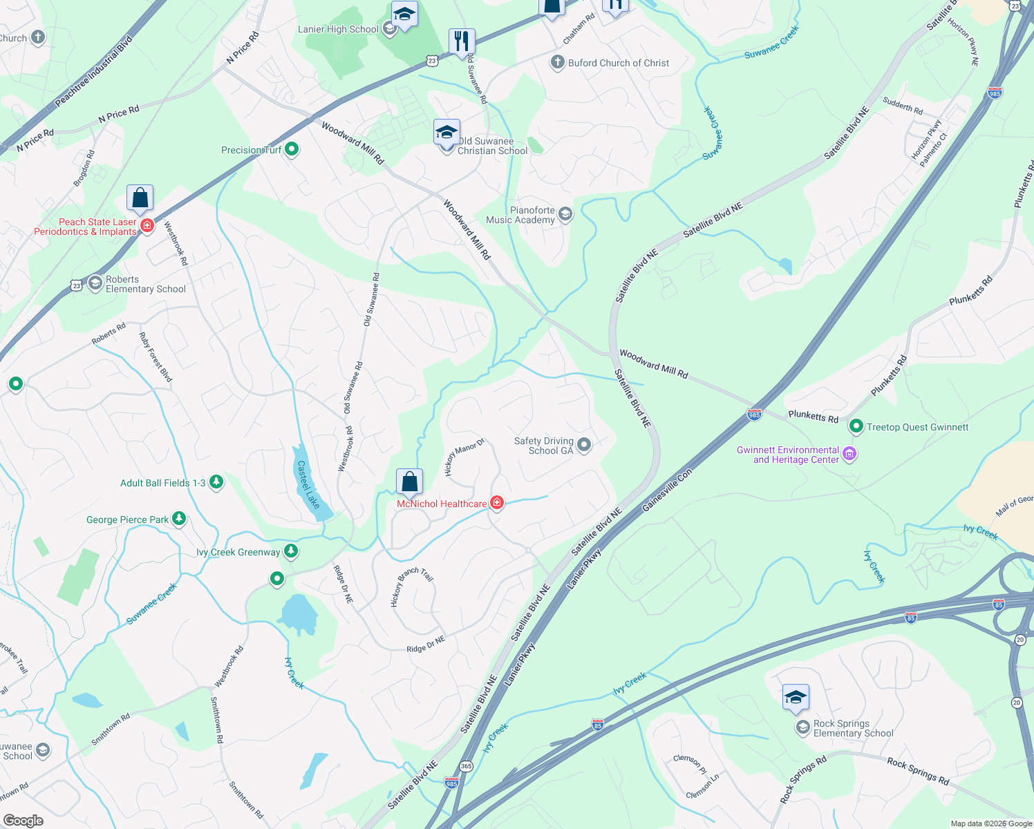 map of restaurants, bars, coffee shops, grocery stores, and more near 811 Roxford Walk Northeast in Buford