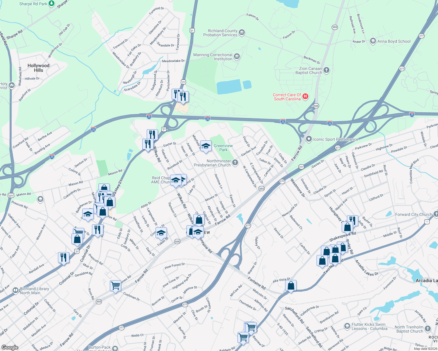 map of restaurants, bars, coffee shops, grocery stores, and more near 517 Jasmine Ln in Columbia