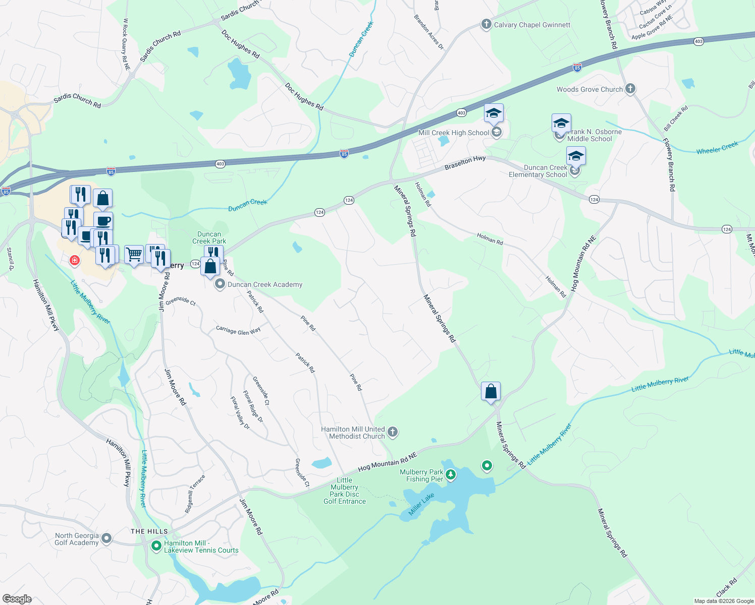 map of restaurants, bars, coffee shops, grocery stores, and more near 4057 Gables Court Northeast in Buford