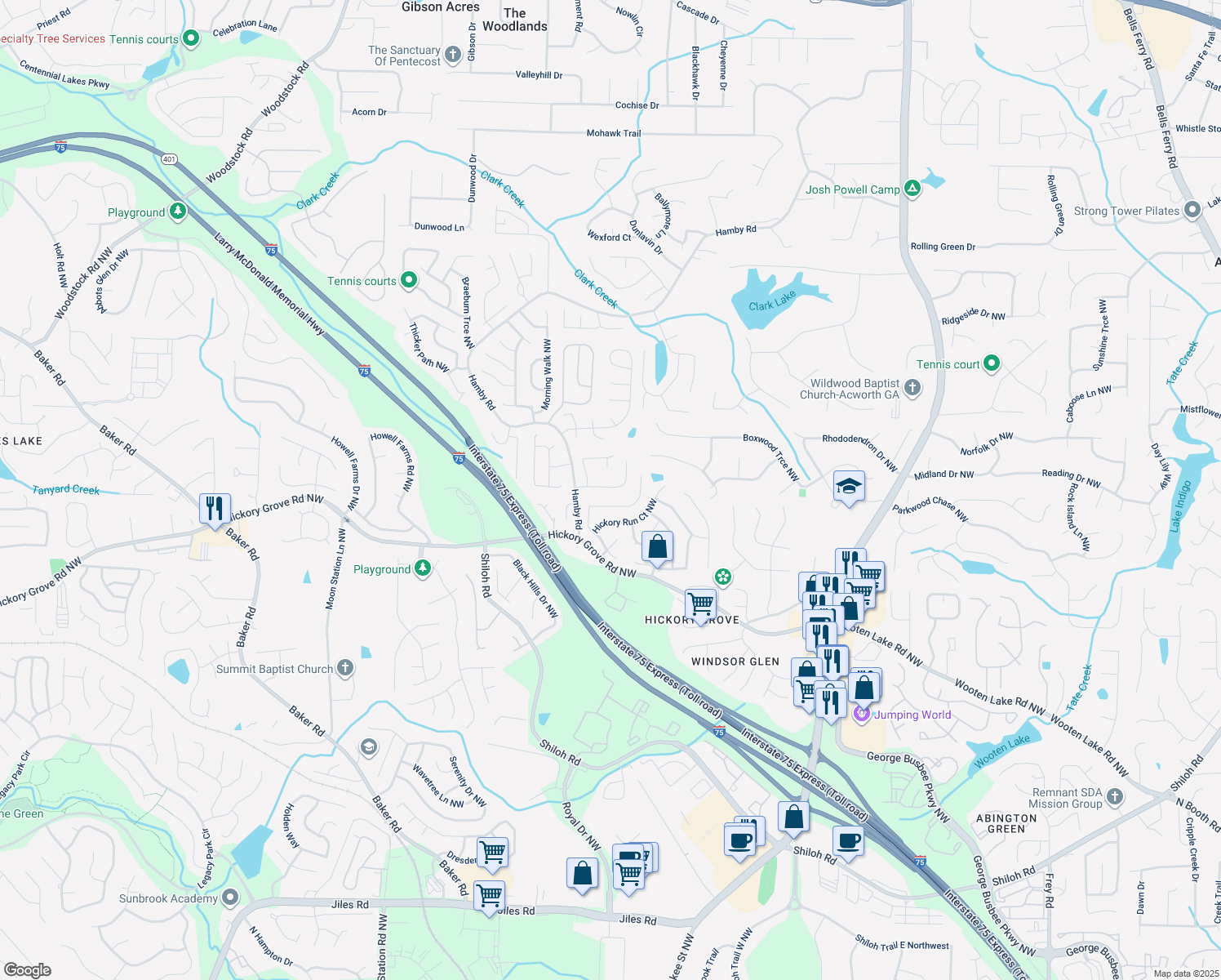 map of restaurants, bars, coffee shops, grocery stores, and more near 1847 Tranquil Field Dr NW in Acworth
