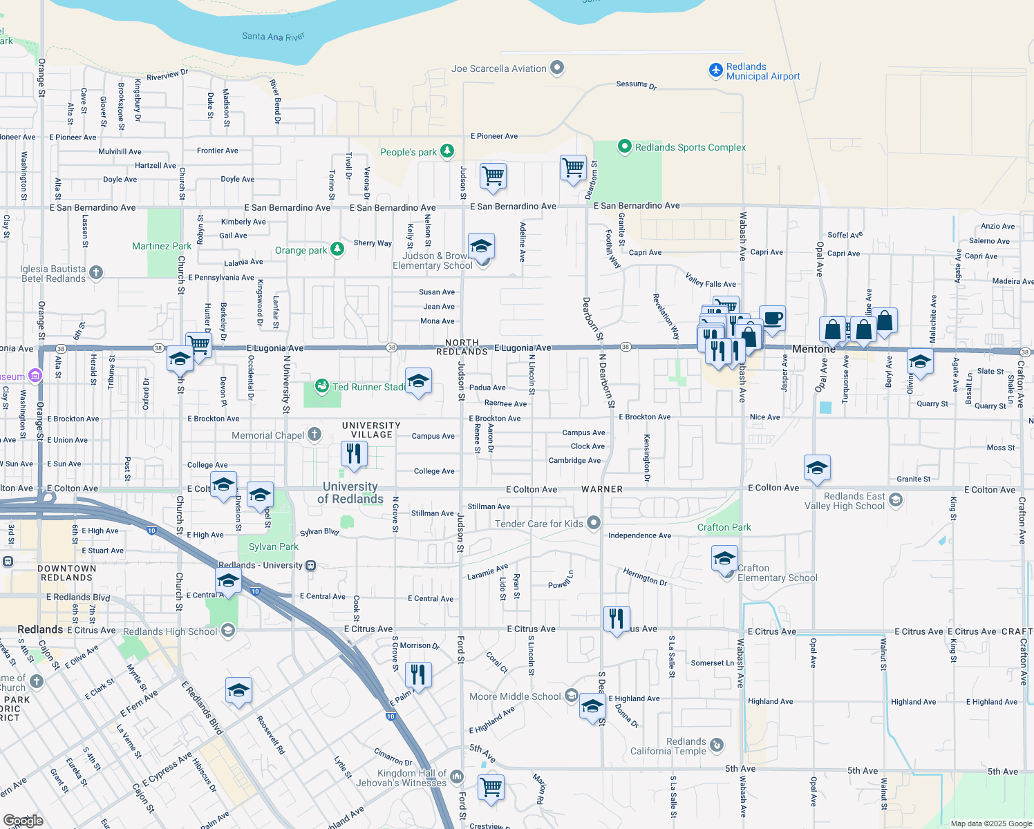 map of restaurants, bars, coffee shops, grocery stores, and more near 1457 East Brockton Avenue in Redlands