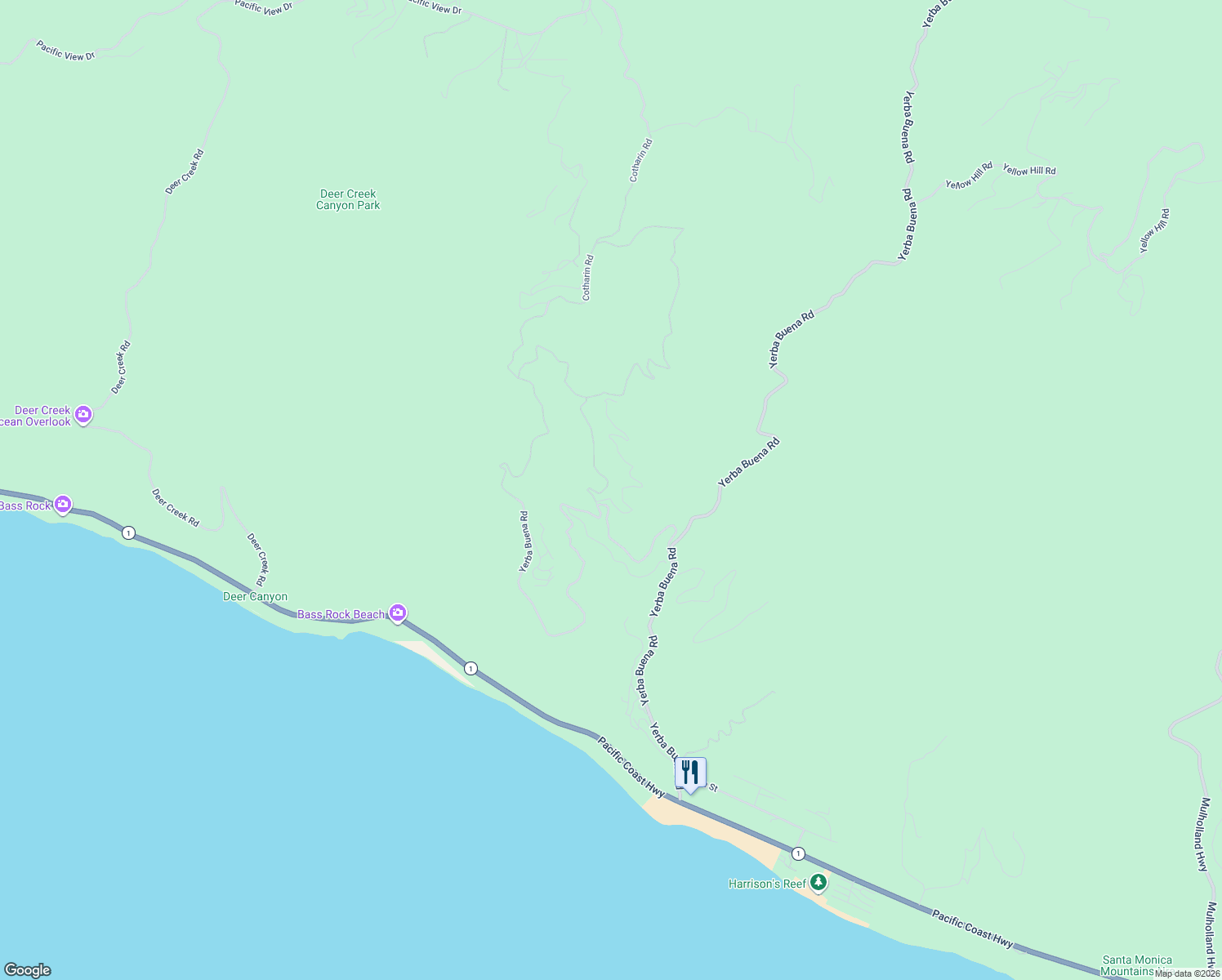 map of restaurants, bars, coffee shops, grocery stores, and more near 10715 Yerba Buena Road in Malibu