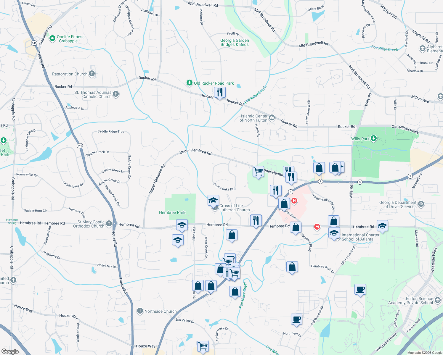 map of restaurants, bars, coffee shops, grocery stores, and more near 1060 Taylor Knoll Close in Roswell