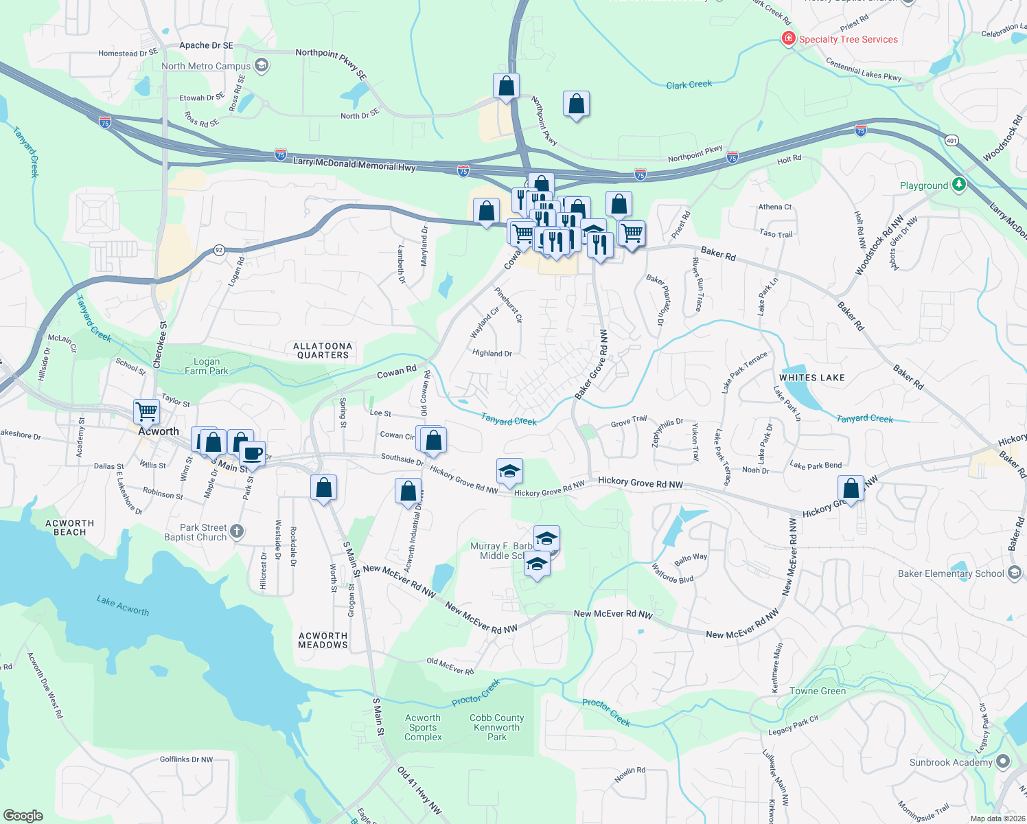 map of restaurants, bars, coffee shops, grocery stores, and more near 510 Windcroft Cir NW in Acworth