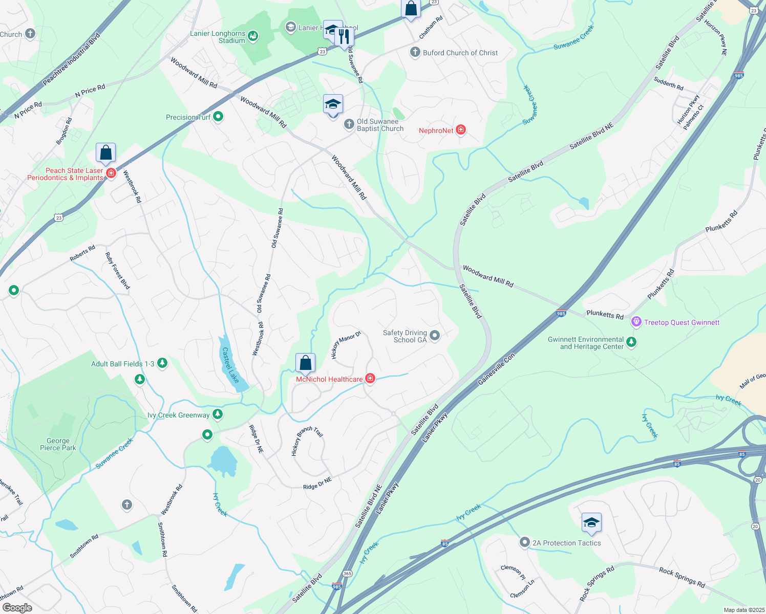 map of restaurants, bars, coffee shops, grocery stores, and more near 665 Roxford Lane Northeast in Buford
