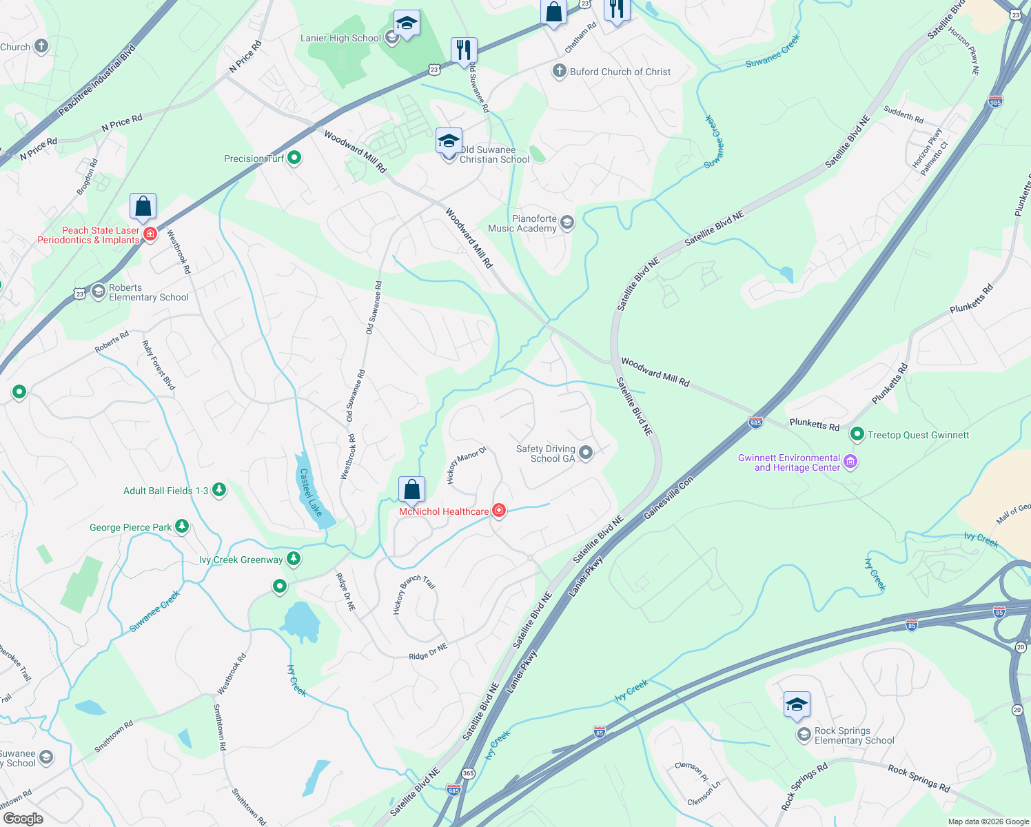 map of restaurants, bars, coffee shops, grocery stores, and more near 665 Roxford Lane Northeast in Buford