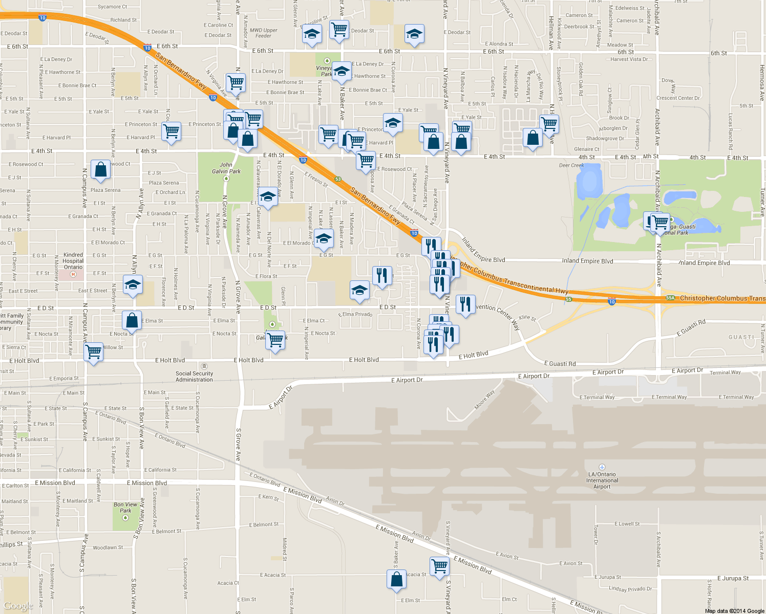 map of restaurants, bars, coffee shops, grocery stores, and more near 356 North Mariposa Privado in Ontario