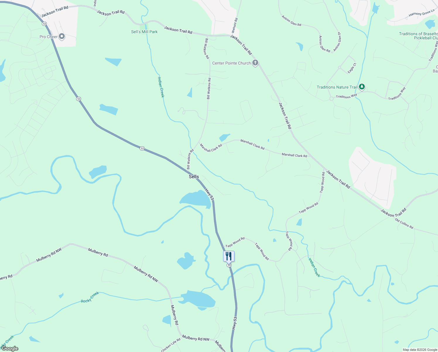 map of restaurants, bars, coffee shops, grocery stores, and more near 75 Cherokee Trail in Hoschton