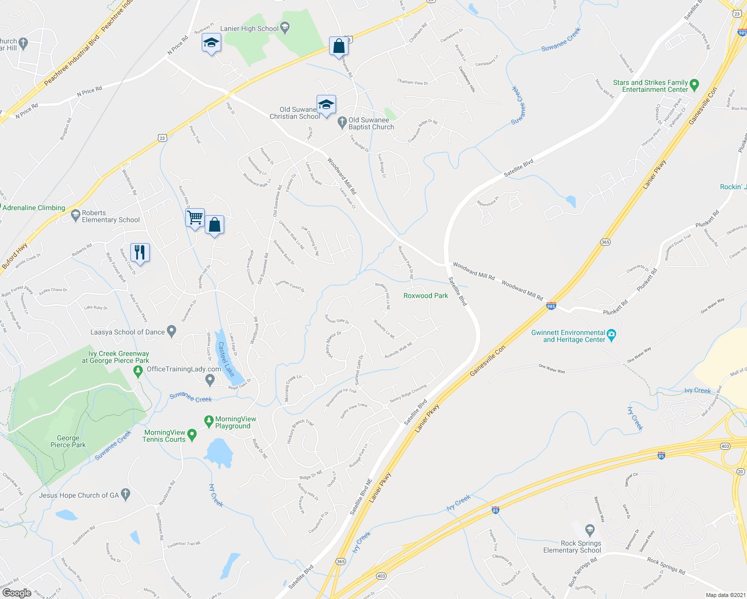 map of restaurants, bars, coffee shops, grocery stores, and more near 665 Roxford Lane Northeast in Buford