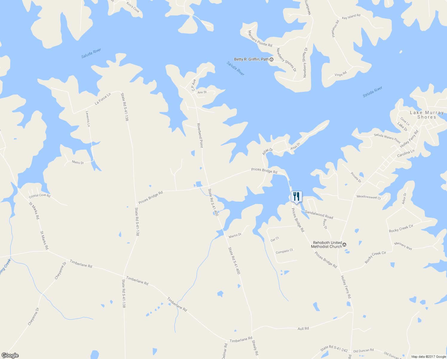 map of restaurants, bars, coffee shops, grocery stores, and more near Prices Bridge Road in Saluda County