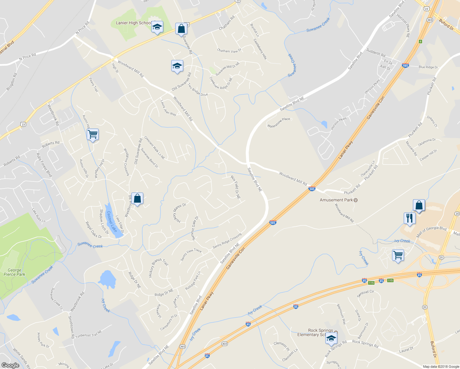 map of restaurants, bars, coffee shops, grocery stores, and more near Roxtree Court Northeast in Buford