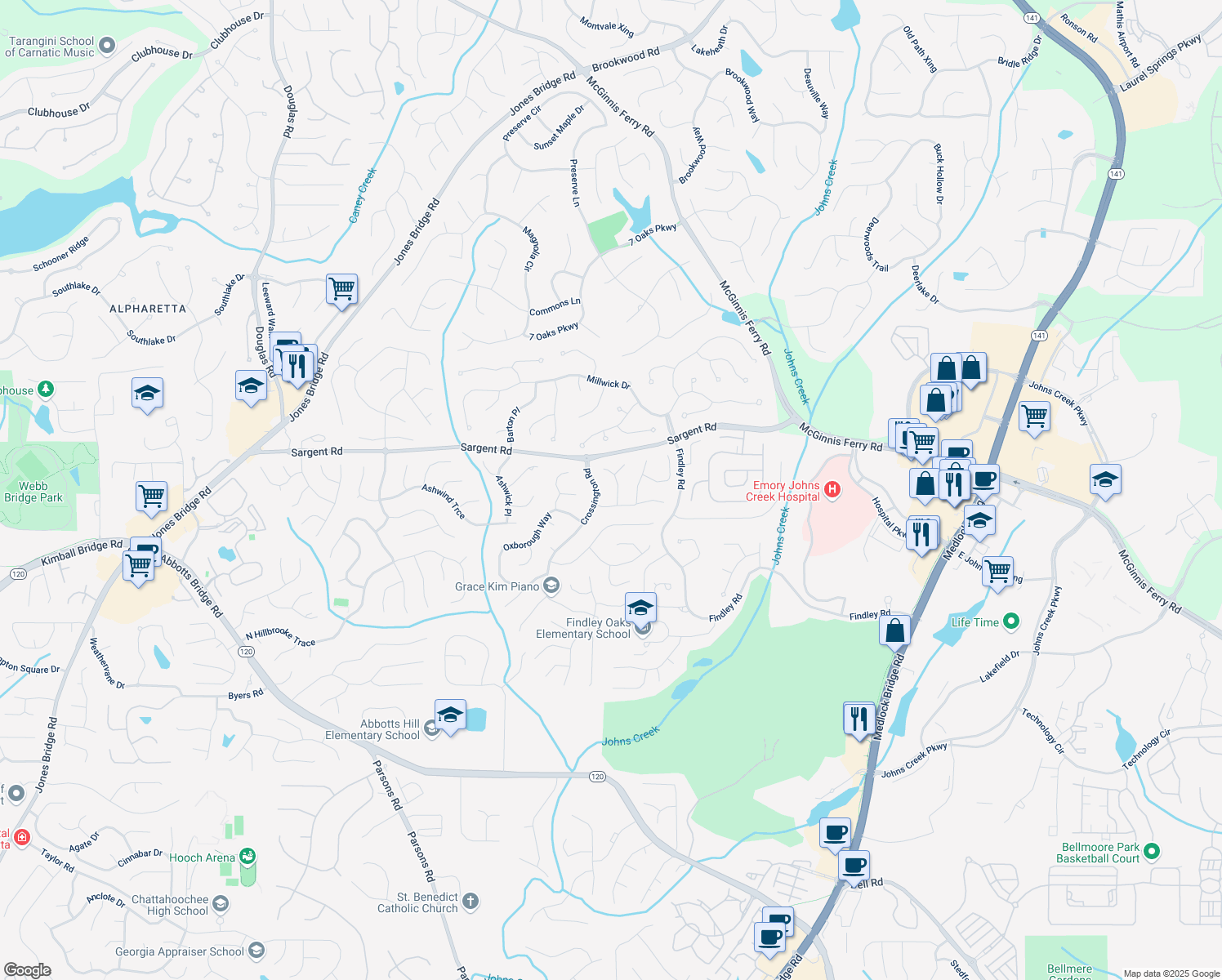 map of restaurants, bars, coffee shops, grocery stores, and more near 320 Leatherman Court in Alpharetta