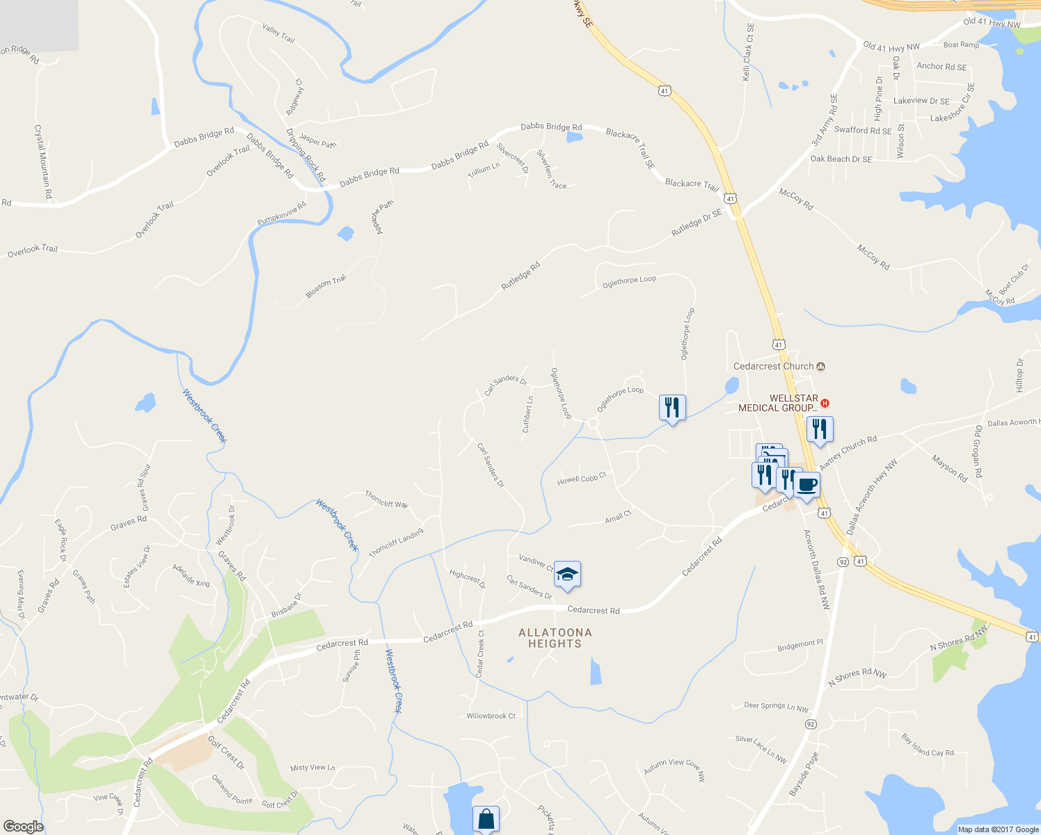 map of restaurants, bars, coffee shops, grocery stores, and more near 116 Cuthbert Lane in Acworth
