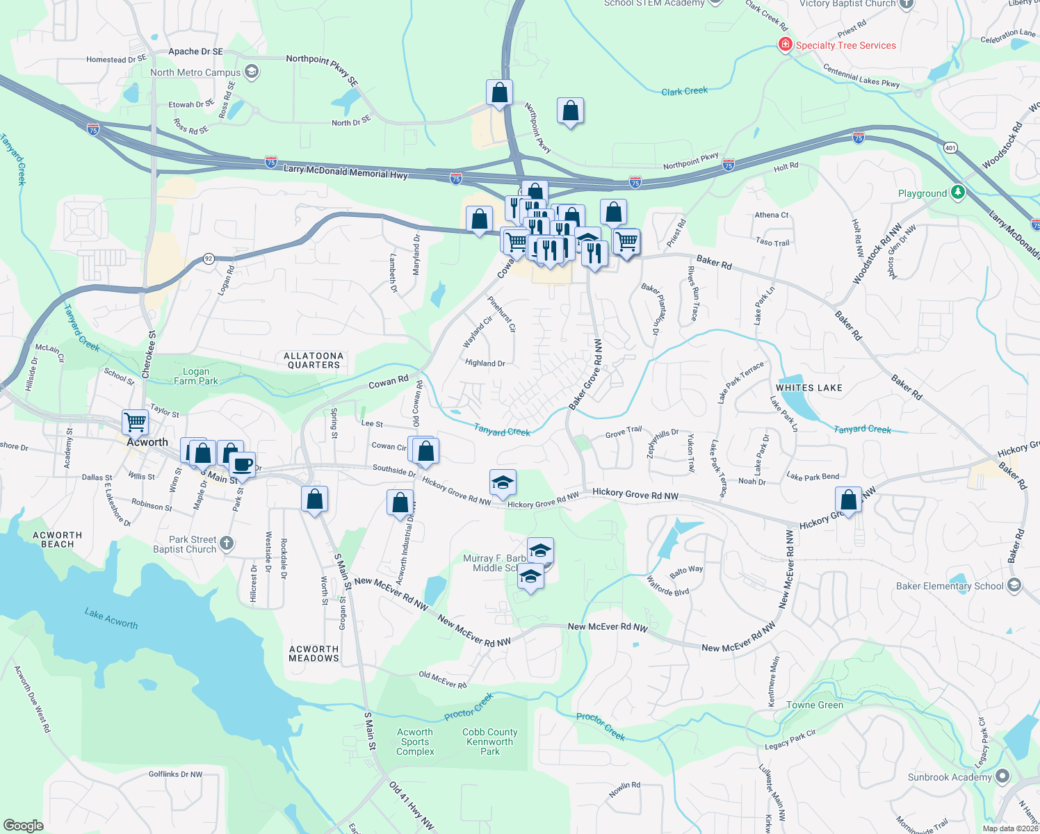 map of restaurants, bars, coffee shops, grocery stores, and more near 461 Windcroft Cir NW in Acworth