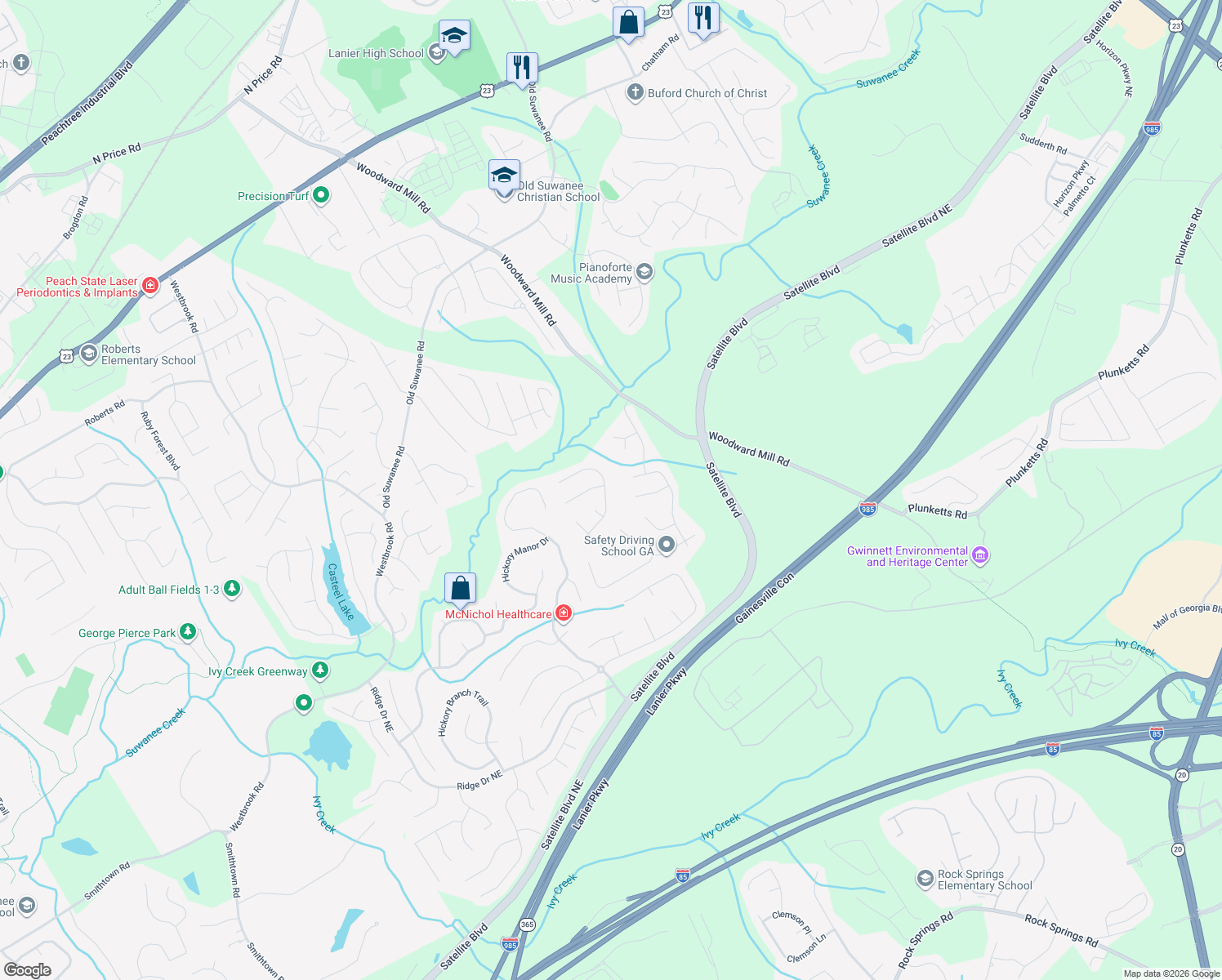 map of restaurants, bars, coffee shops, grocery stores, and more near 3913 Roxberry Hill Lane Northeast in Buford