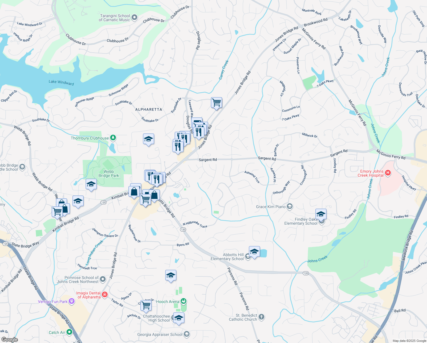 map of restaurants, bars, coffee shops, grocery stores, and more near 500 Birch Forest Ln in Alpharetta