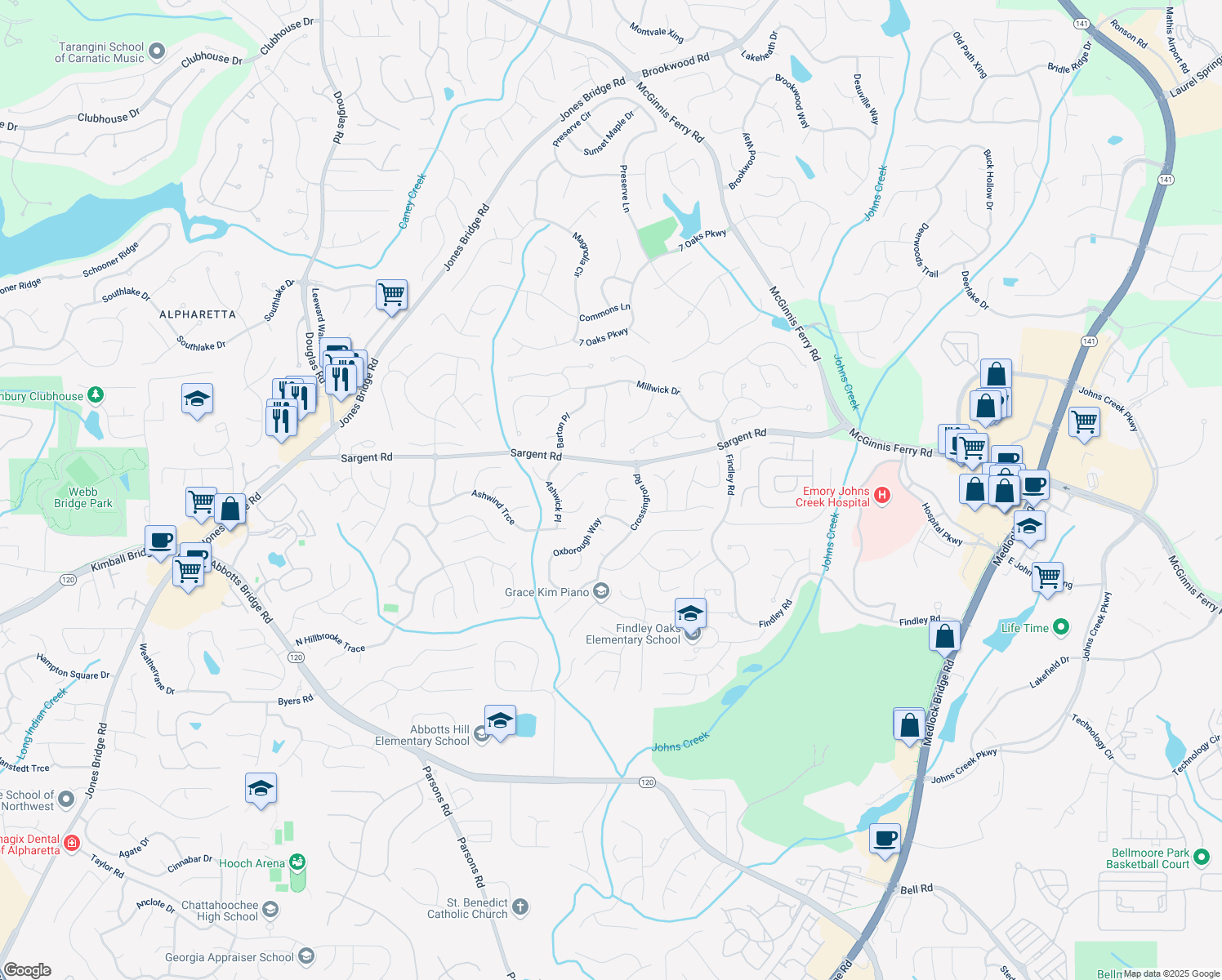 map of restaurants, bars, coffee shops, grocery stores, and more near 245 Davenham Court in Alpharetta
