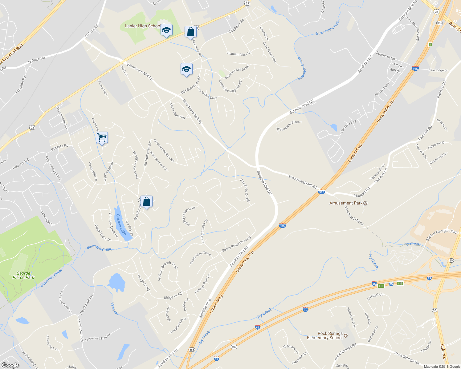 map of restaurants, bars, coffee shops, grocery stores, and more near 3892 Rox Field Drive Northeast in Buford