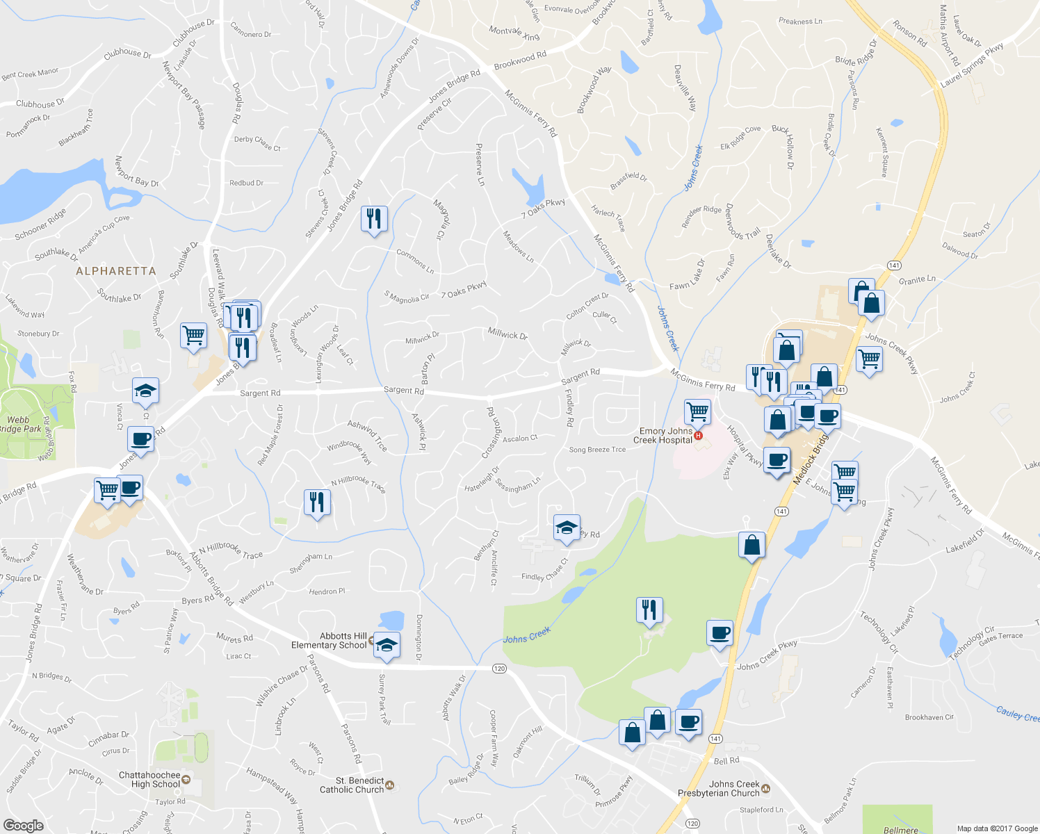 map of restaurants, bars, coffee shops, grocery stores, and more near 345 Leatherman Court in Alpharetta
