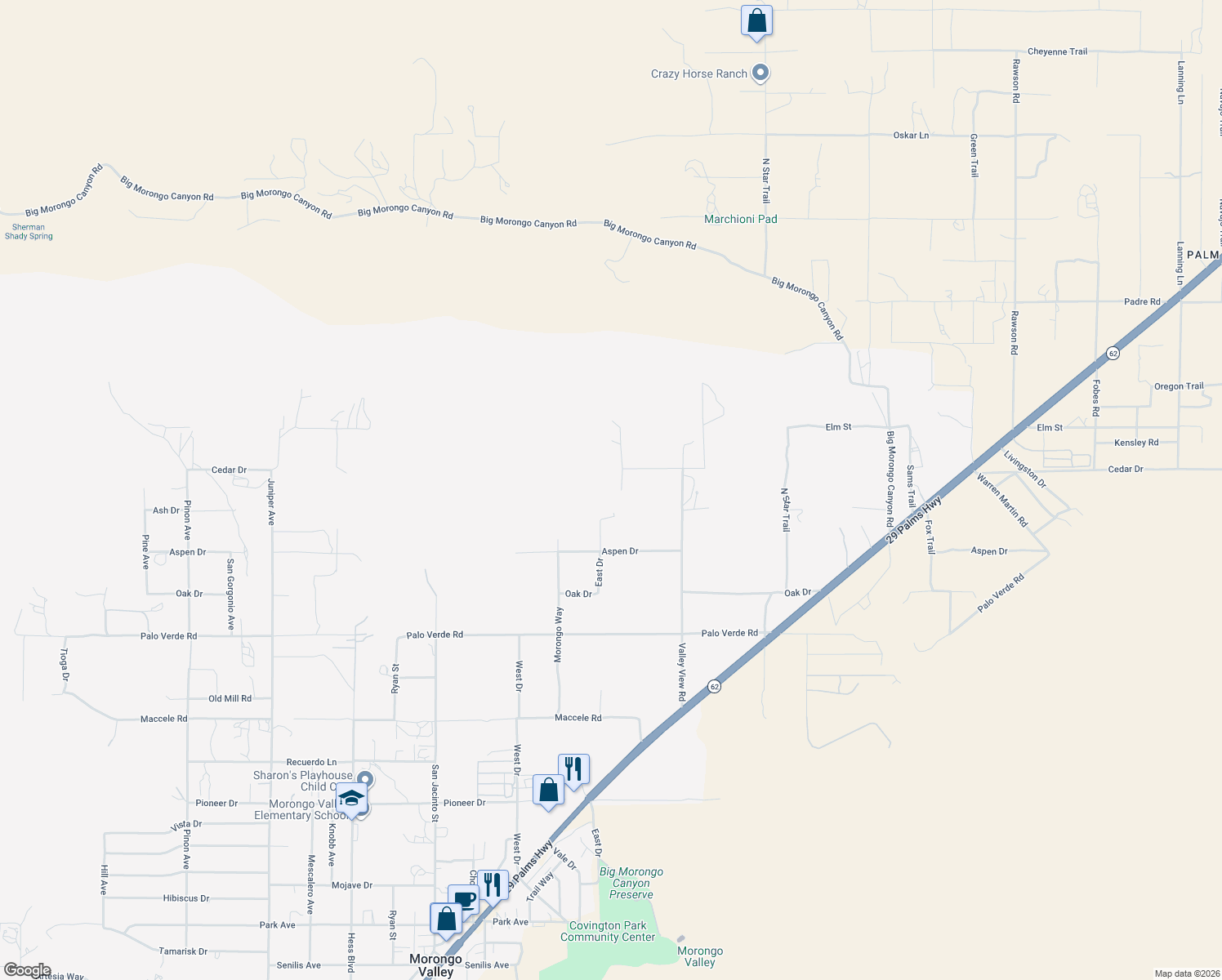 map of restaurants, bars, coffee shops, grocery stores, and more near 50125 Cedar Drive in Morongo Valley