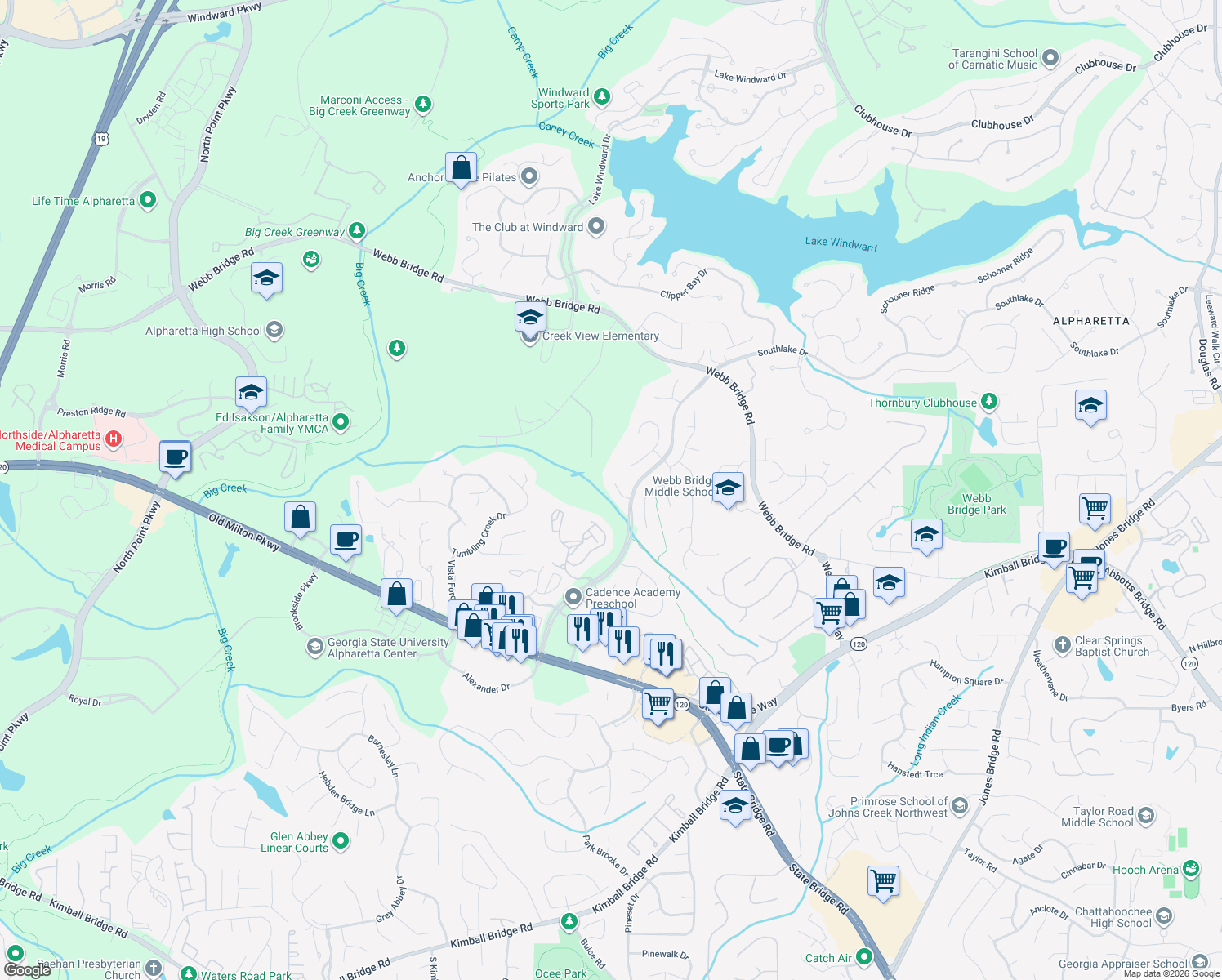 map of restaurants, bars, coffee shops, grocery stores, and more near 240 Autumn Sage Drive in Alpharetta