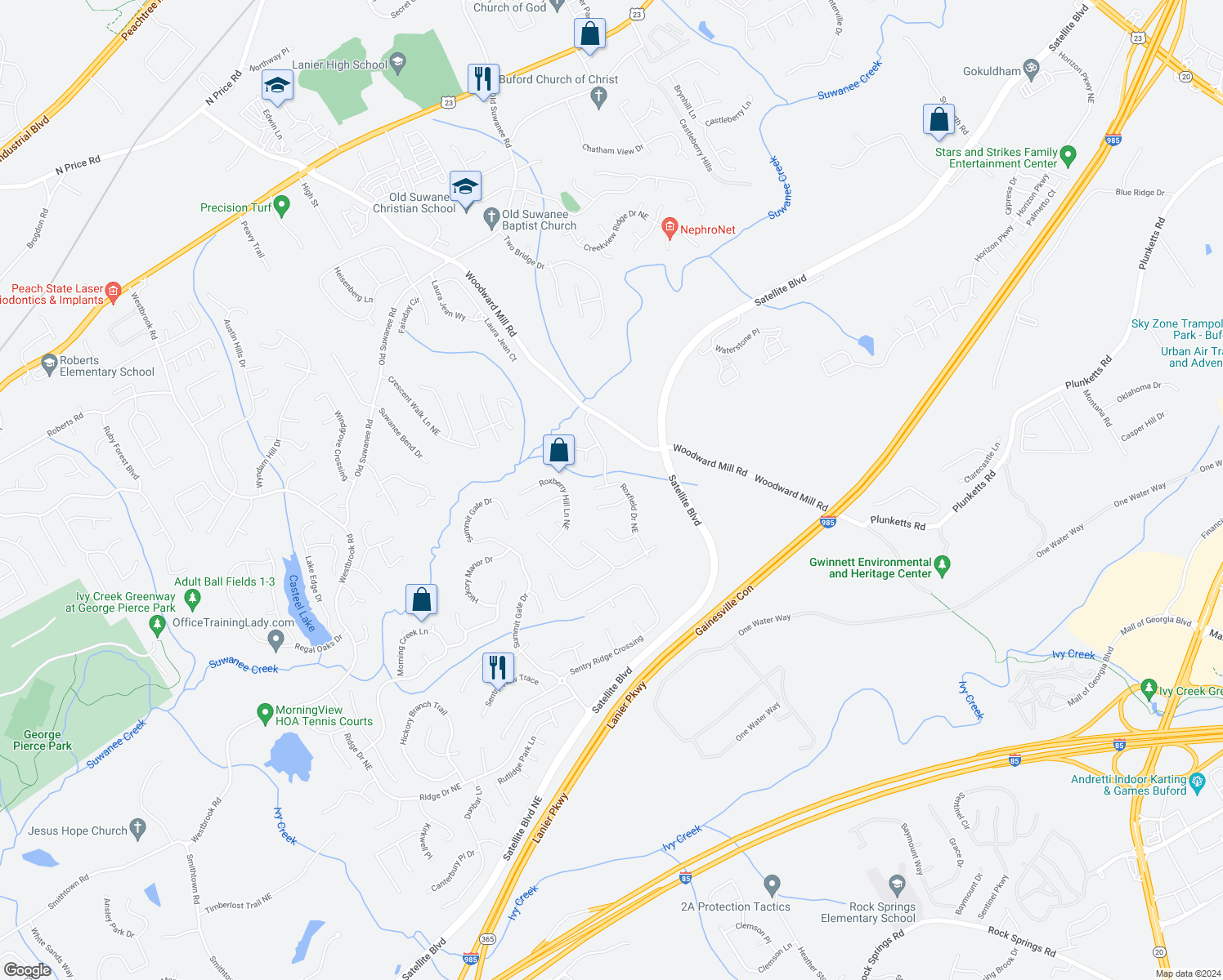 map of restaurants, bars, coffee shops, grocery stores, and more near 3852 Roxfield Drive Northeast in Buford