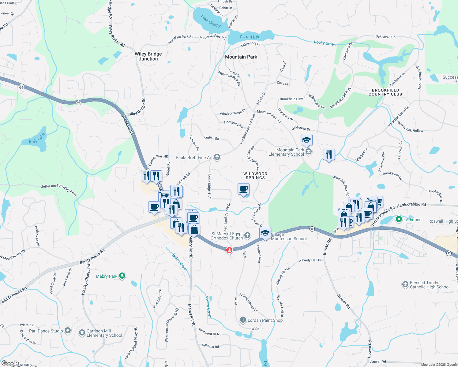 map of restaurants, bars, coffee shops, grocery stores, and more near 2065 Trotters Ridge Way in Roswell