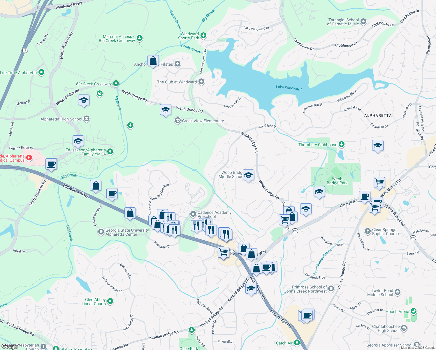 map of restaurants, bars, coffee shops, grocery stores, and more near 4135 Bellflower Dr in Alpharetta