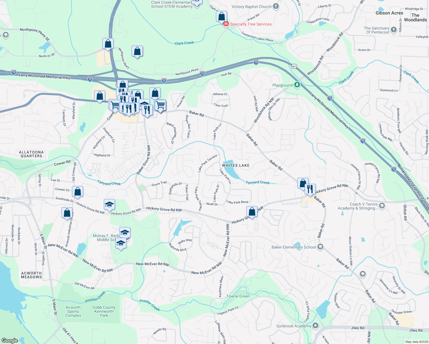 map of restaurants, bars, coffee shops, grocery stores, and more near 4711 Noah Cir in Acworth