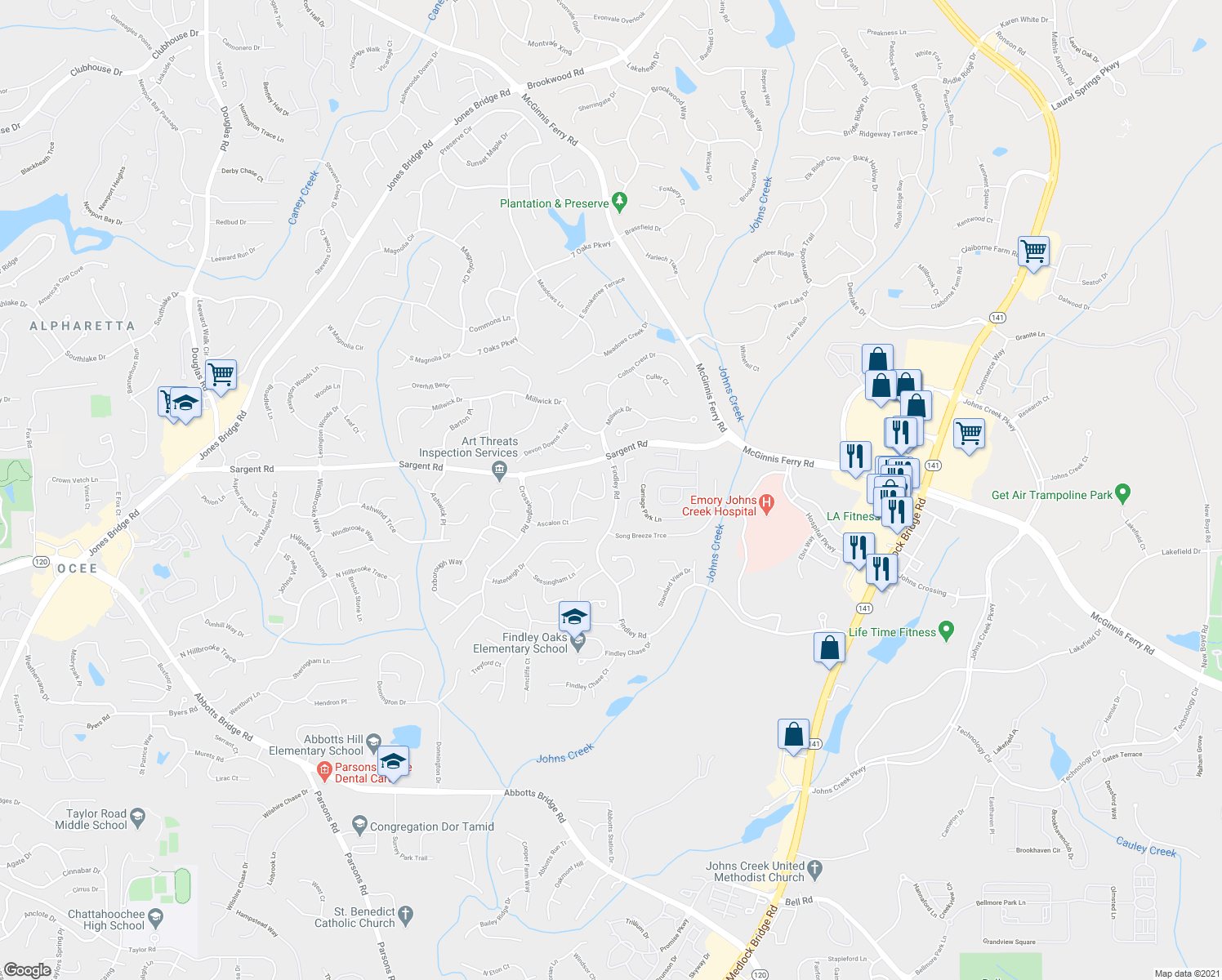 map of restaurants, bars, coffee shops, grocery stores, and more near 685 Wellingbrough Court in Alpharetta